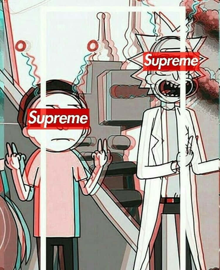 瑞克和莫蒂角色在實驗室中，臉上帶有Supreme標誌。