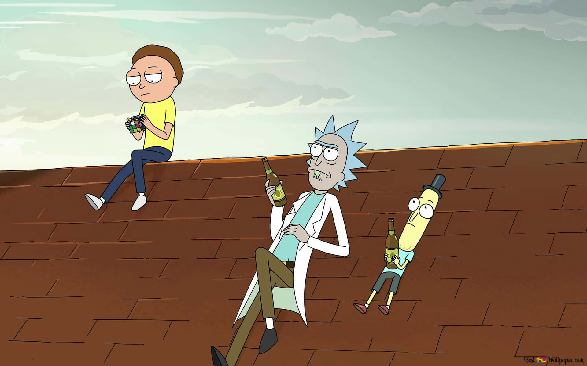 Rick Morty 和朋友在屋頂上喝啤酒，天空多雲。