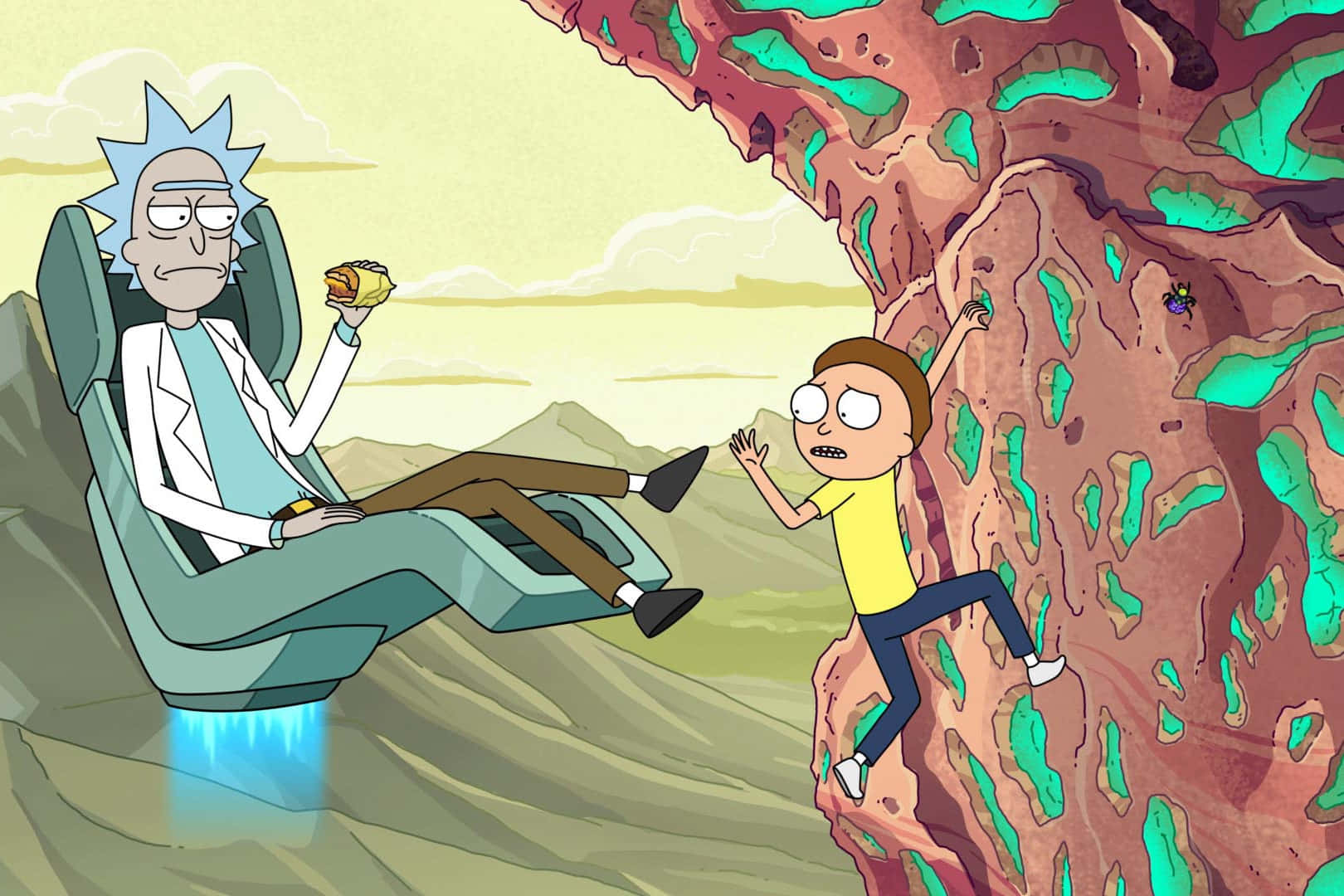 Rick 食緊墨西哥卷，而 Morty 爬緊發光嘅外星懸崖。