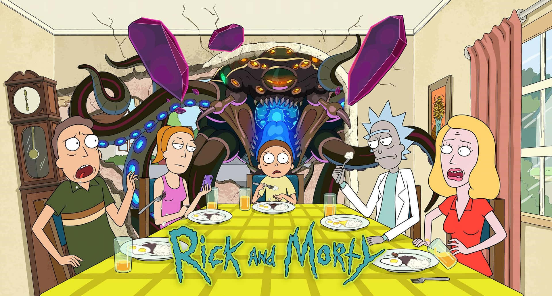 Rick 和 Morty 一家在晚餐桌旁，對外星生物衝破天花板感到震驚。