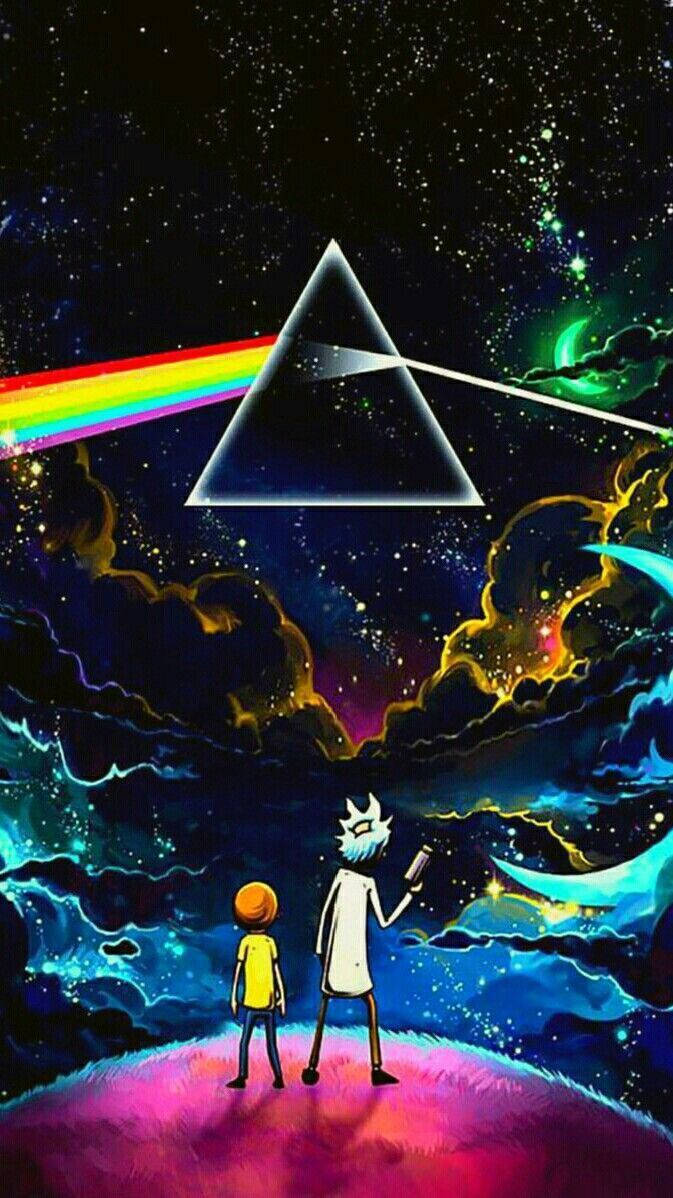 瑞克和莫蒂抬頭看著一個在太空中創造彩虹的棱鏡。
