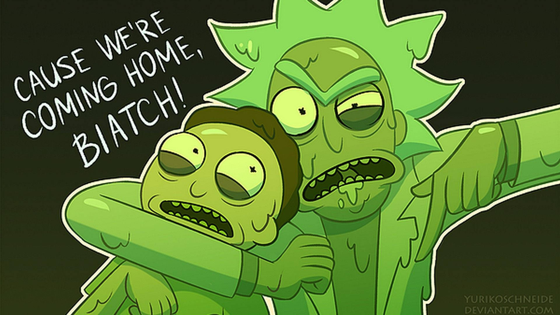 兩個綠色卡通角色憤怒地擁抱，粗體文字寫著「Cause we're coming home, biatch!」