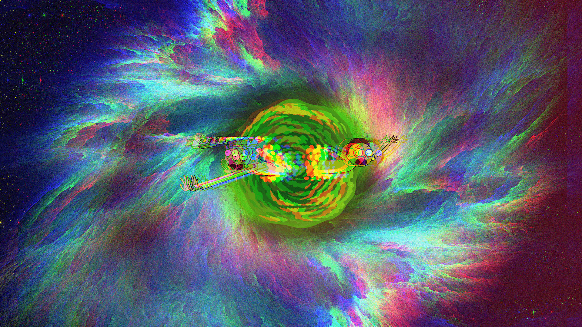 一個色彩繽紛的宇宙漩渦，在星空中有一個漂浮的人物。
