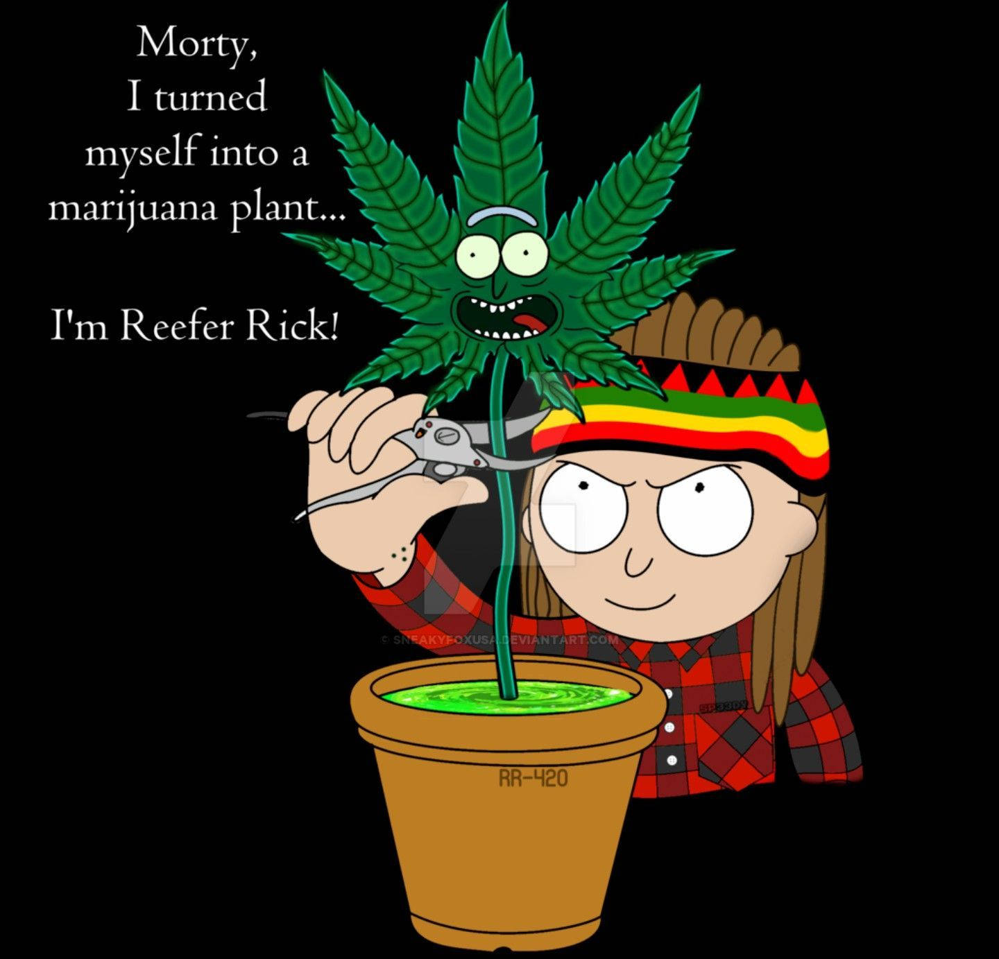 卡通角色手持剪刀，對準一個有臉的盆栽大麻植物。