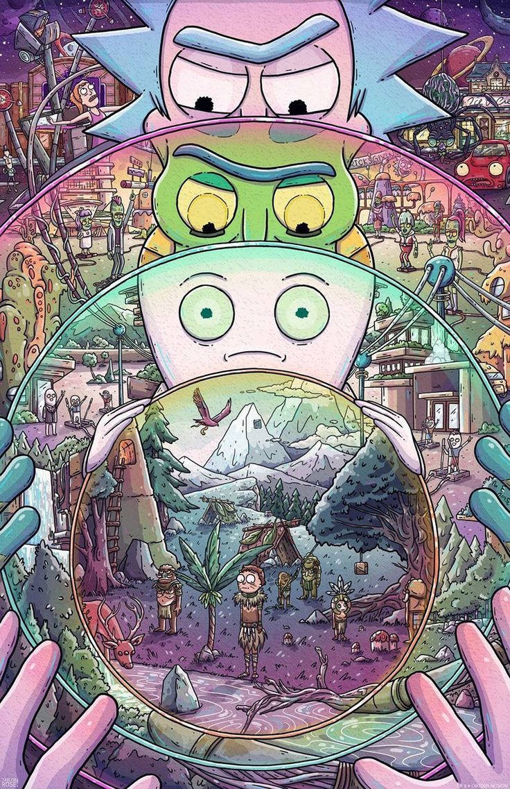 《瑞克和莫蒂》角色在分層的超現實科幻場景中，搭配外星景觀。