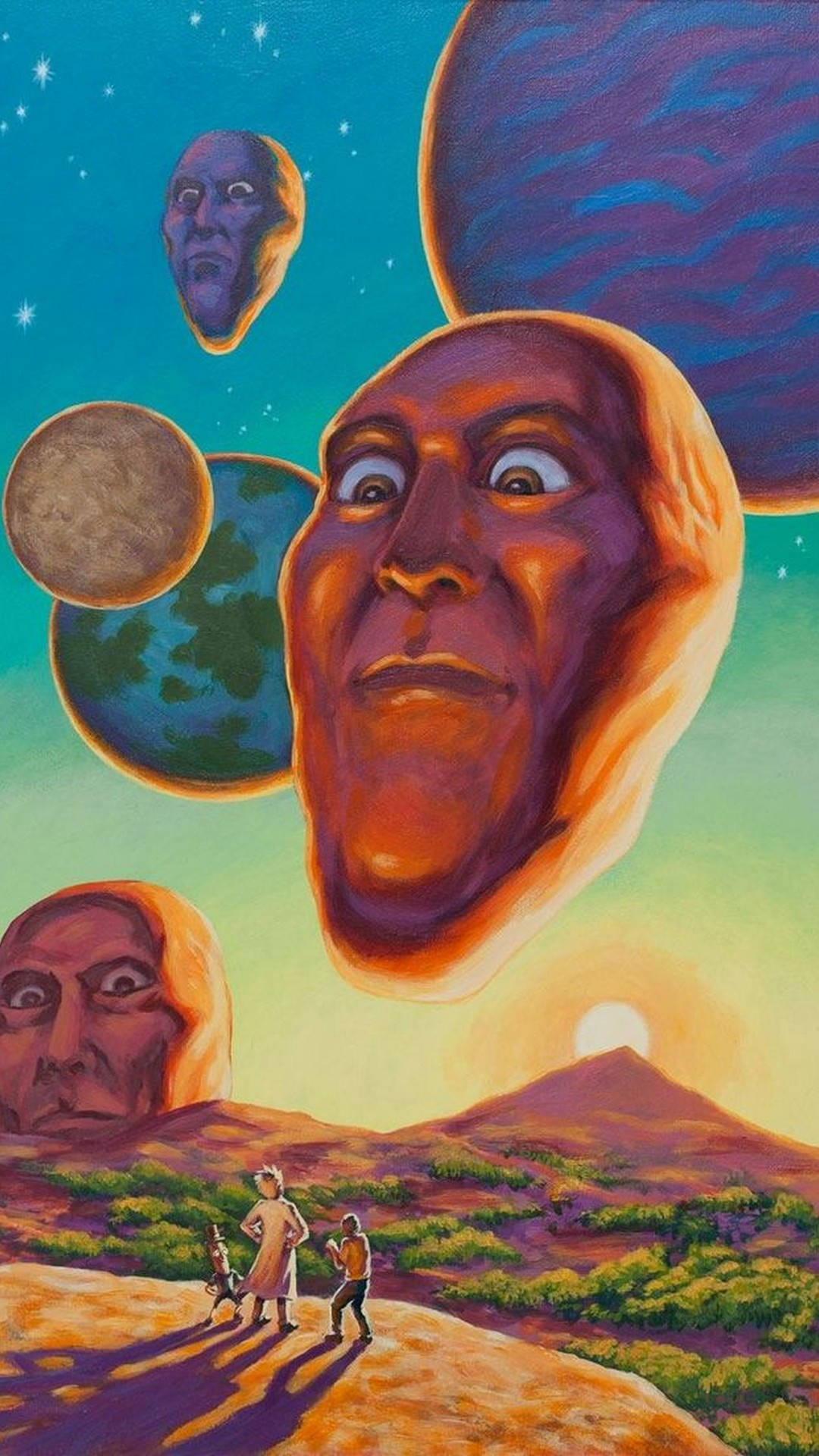 微小的人們在巨大的漂浮面孔和行星下的超現實沙漠景觀中行走。