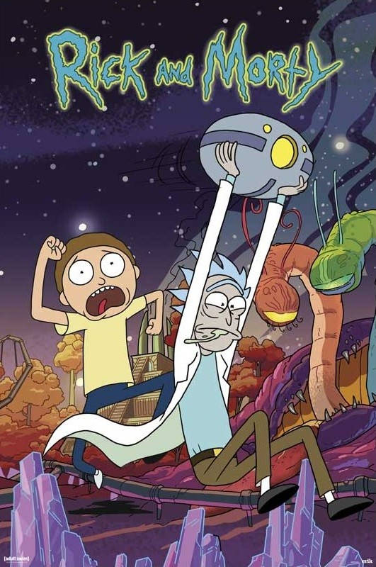 瑞克和莫蒂在星星下拿著一個機械人頭在紫色水晶星球上。