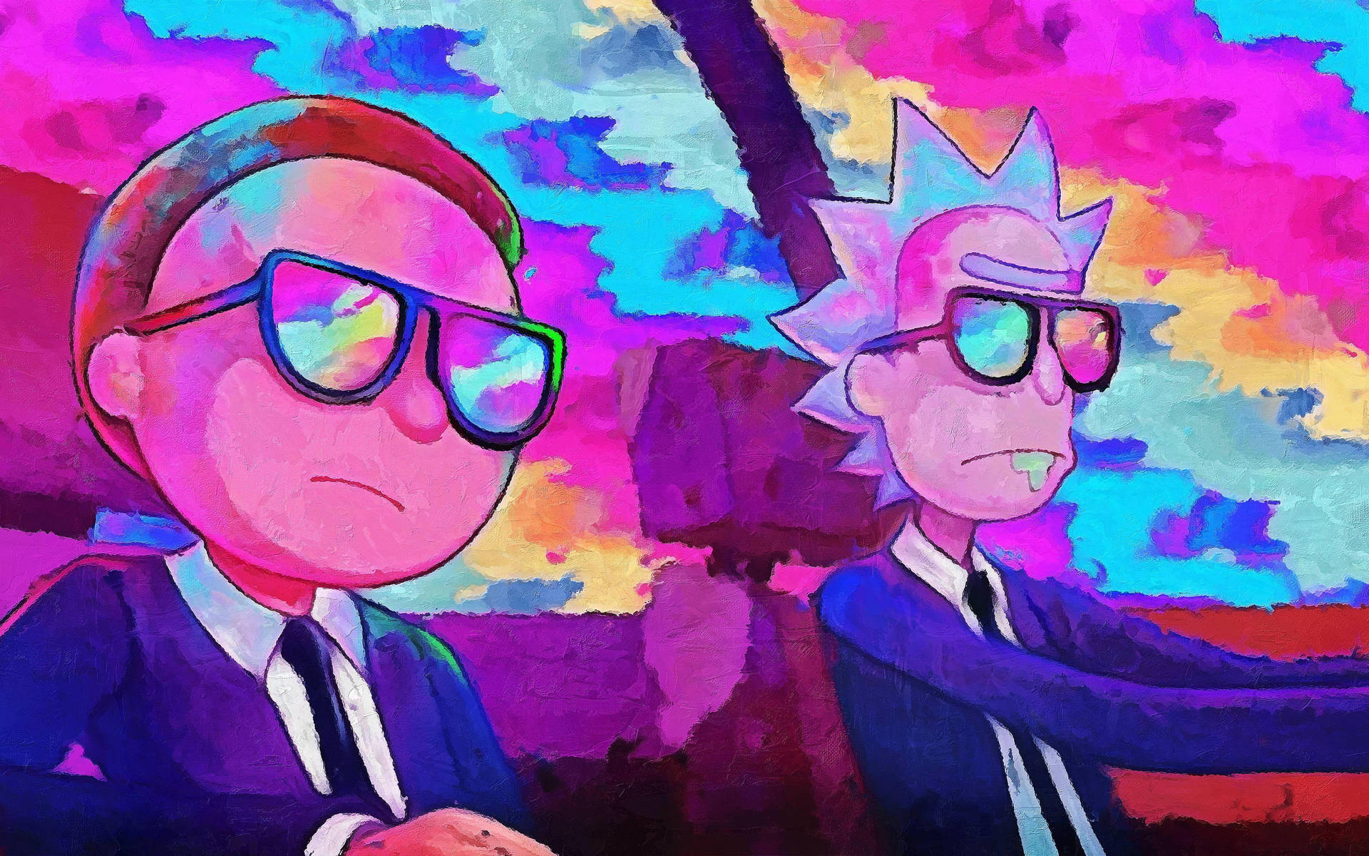 兩個穿著西裝和太陽眼鏡的卡通角色在色彩繽紛的天空下。