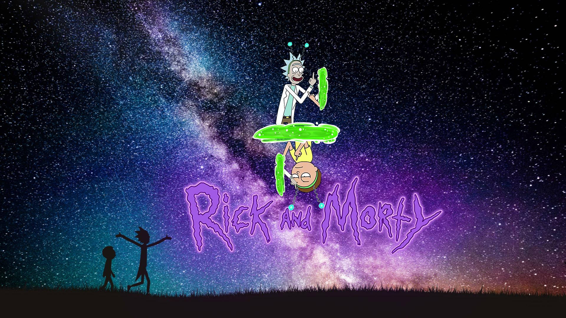 瑞克和莫蒂在星空下漂浮在草地上方，下方有剪影人物。