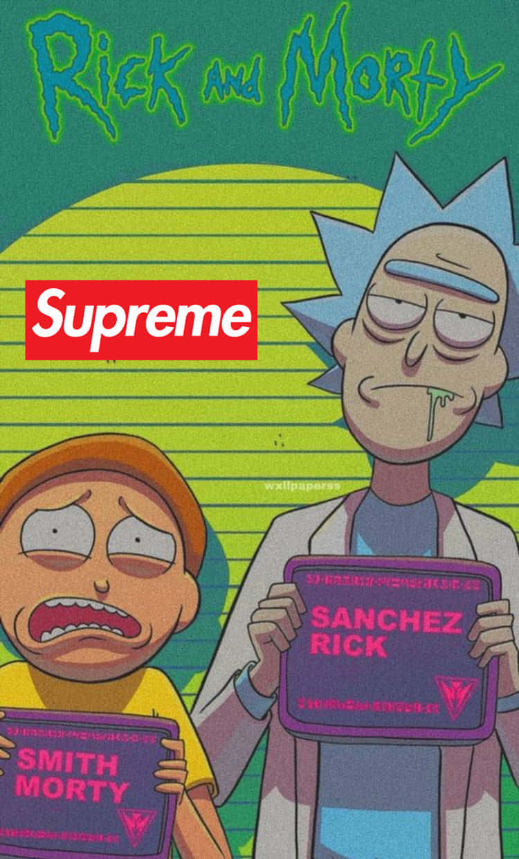 瑞克和莫蒂手持紫色名牌，背景有Supreme標誌。