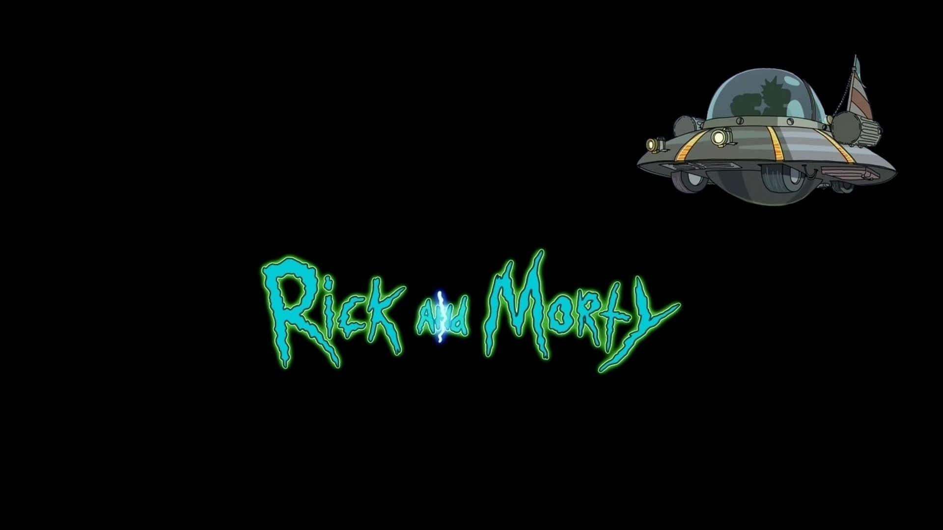 Rick and Morty太空船標誌，黑色背景上帶有發光綠色文字。