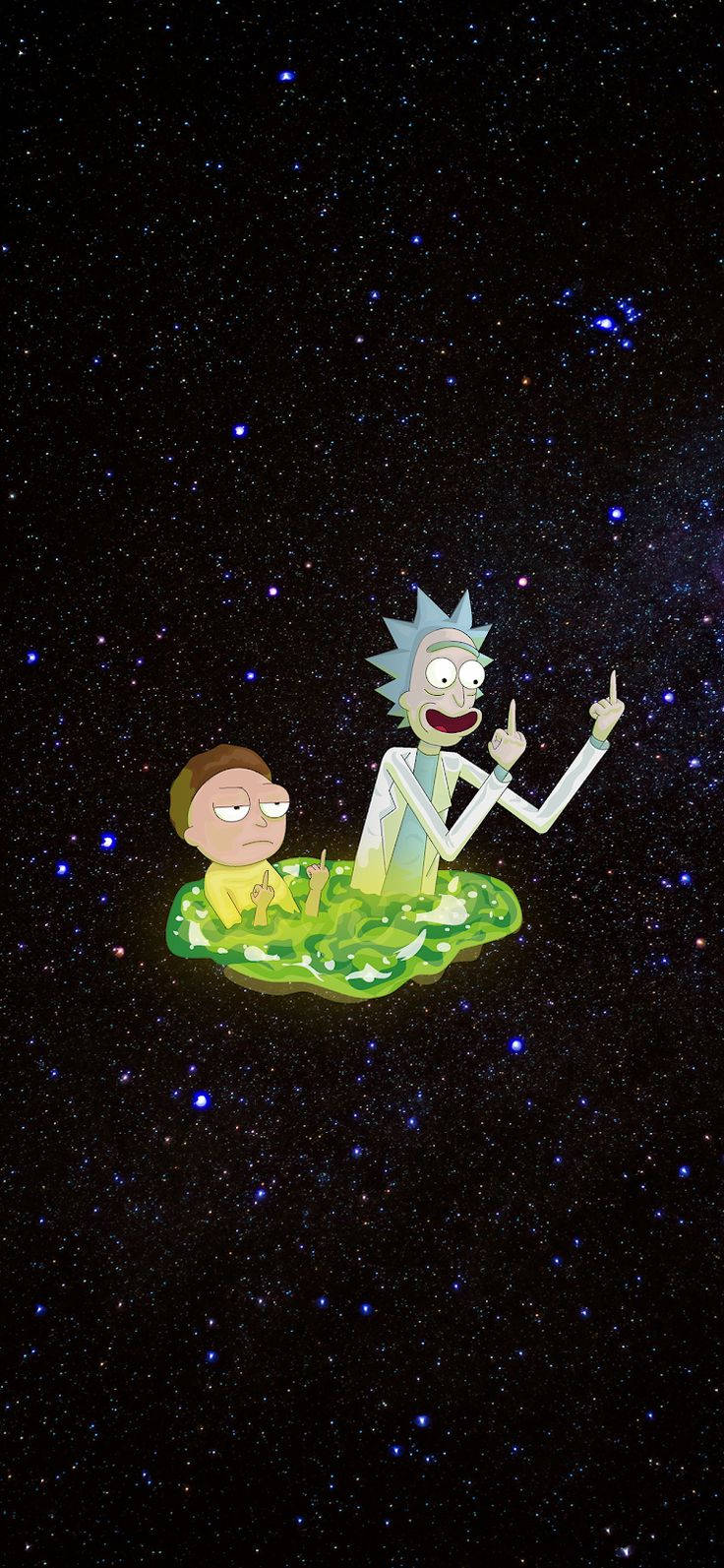 瑞克和莫蒂在星際間的外太空漂浮在一個綠色傳送門上。