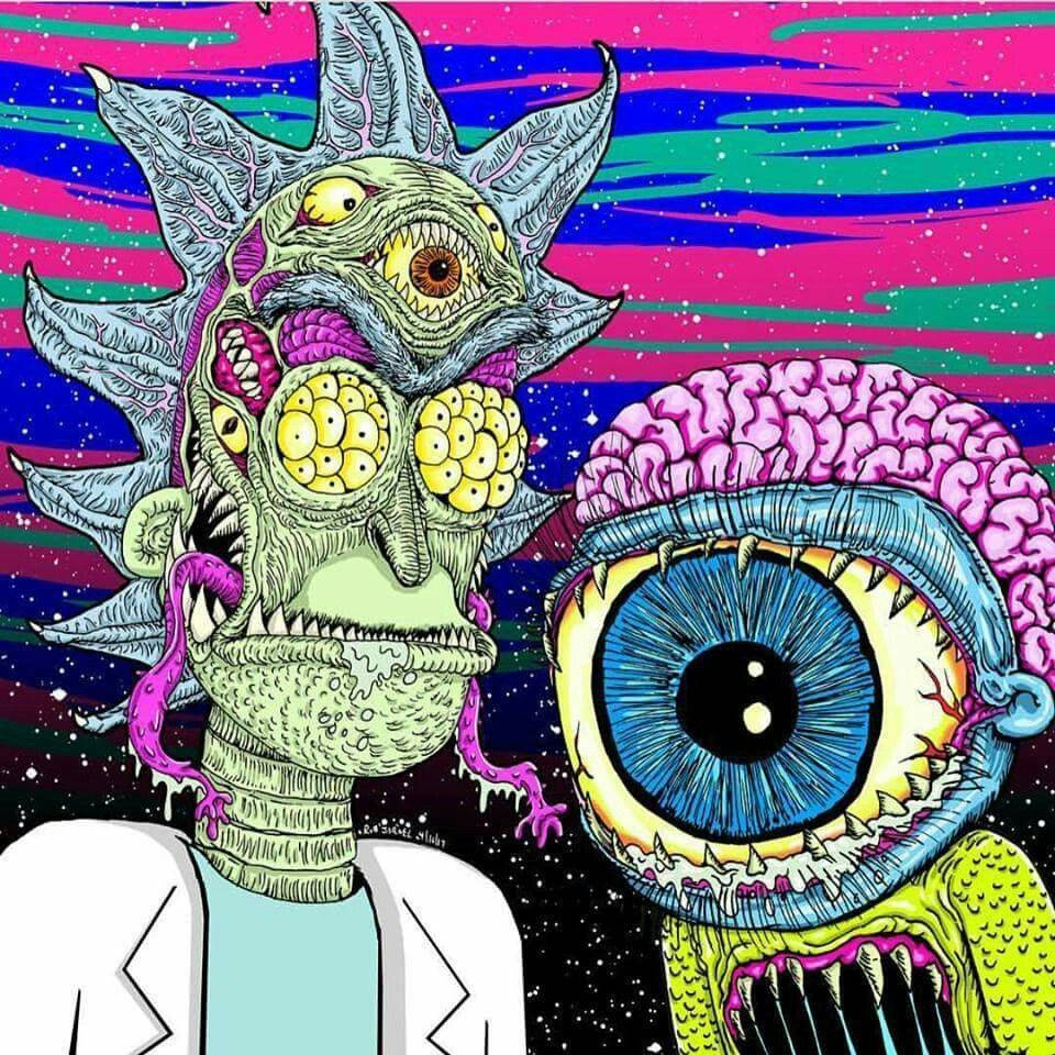 兩個卡通風格的外星怪物，在色彩繽紛的宇宙場景中，有多隻眼睛和大腦。