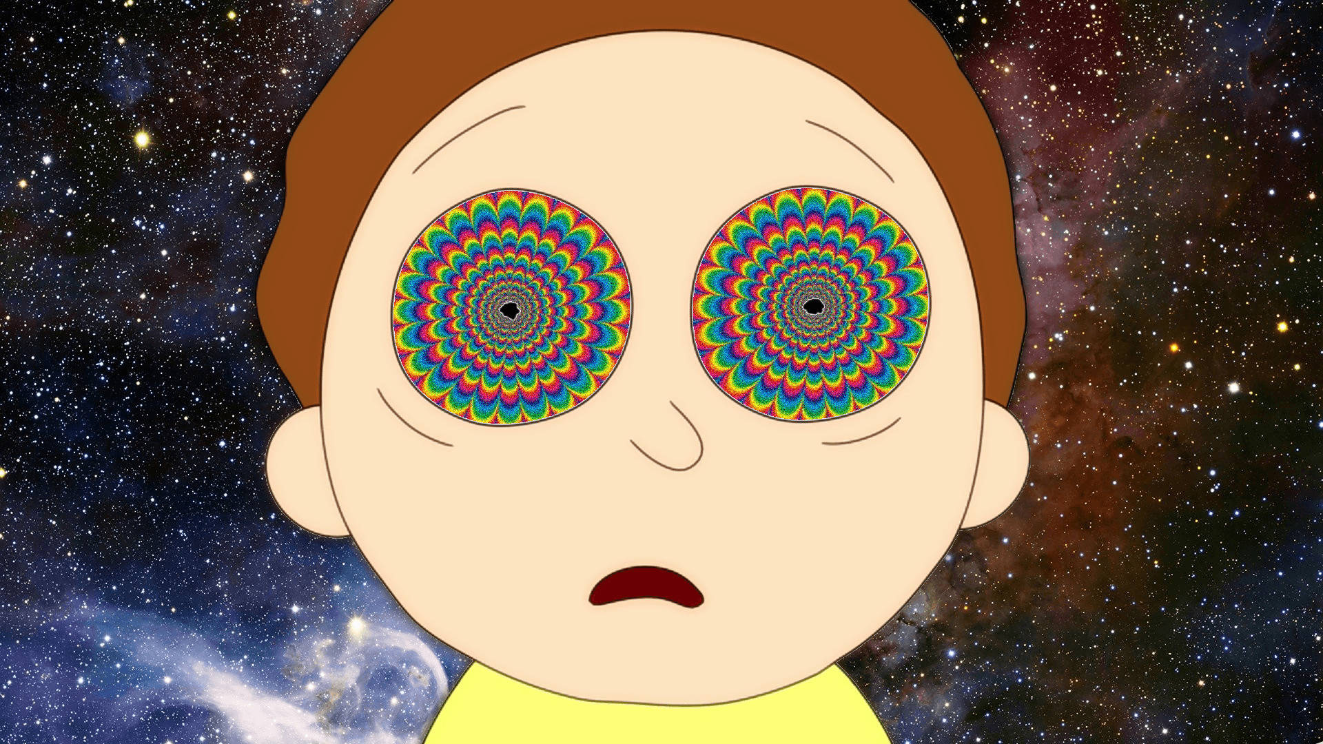 卡通小孩擁有彩色螺旋眼睛，背景是繁星宇宙。