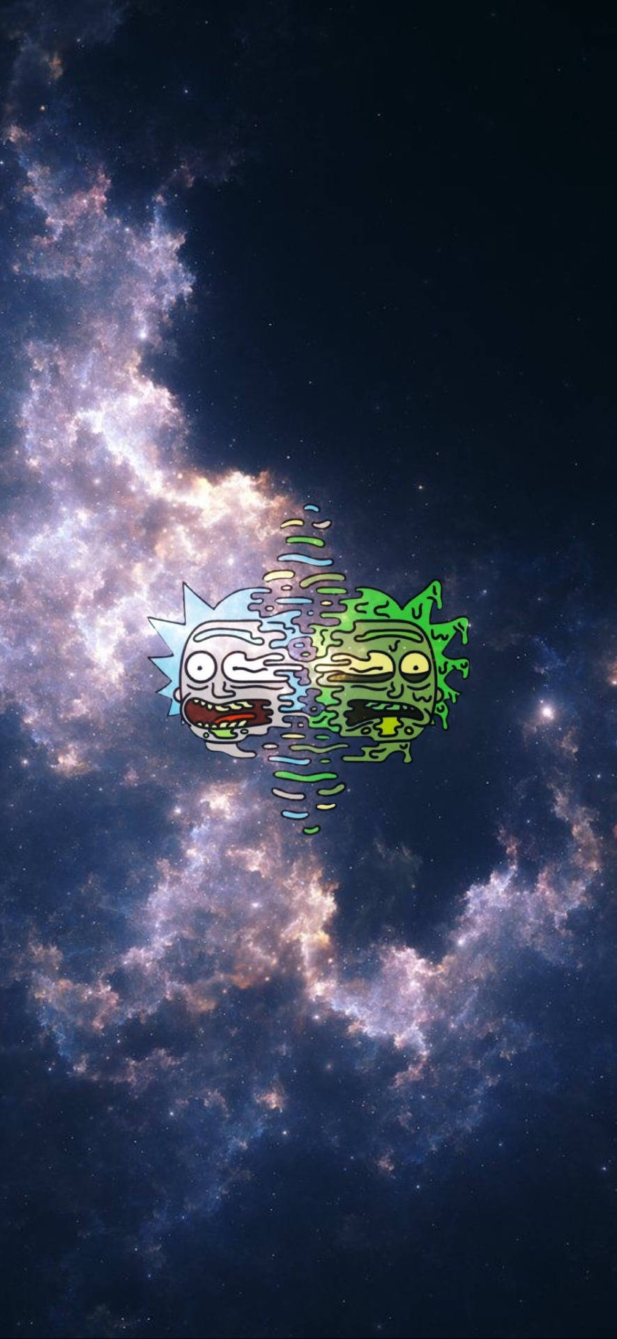 Rick 和 Morty 角色分裂成旋轉的兩半，背景是宇宙星雲。