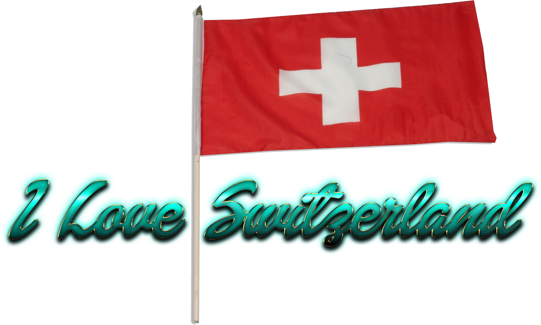 瑞士愛國圖形 壁紙 — 瑞士國旗在黑色背景上，於發光的青綠色「I Love Switzerland」文字上方自豪地飄揚。