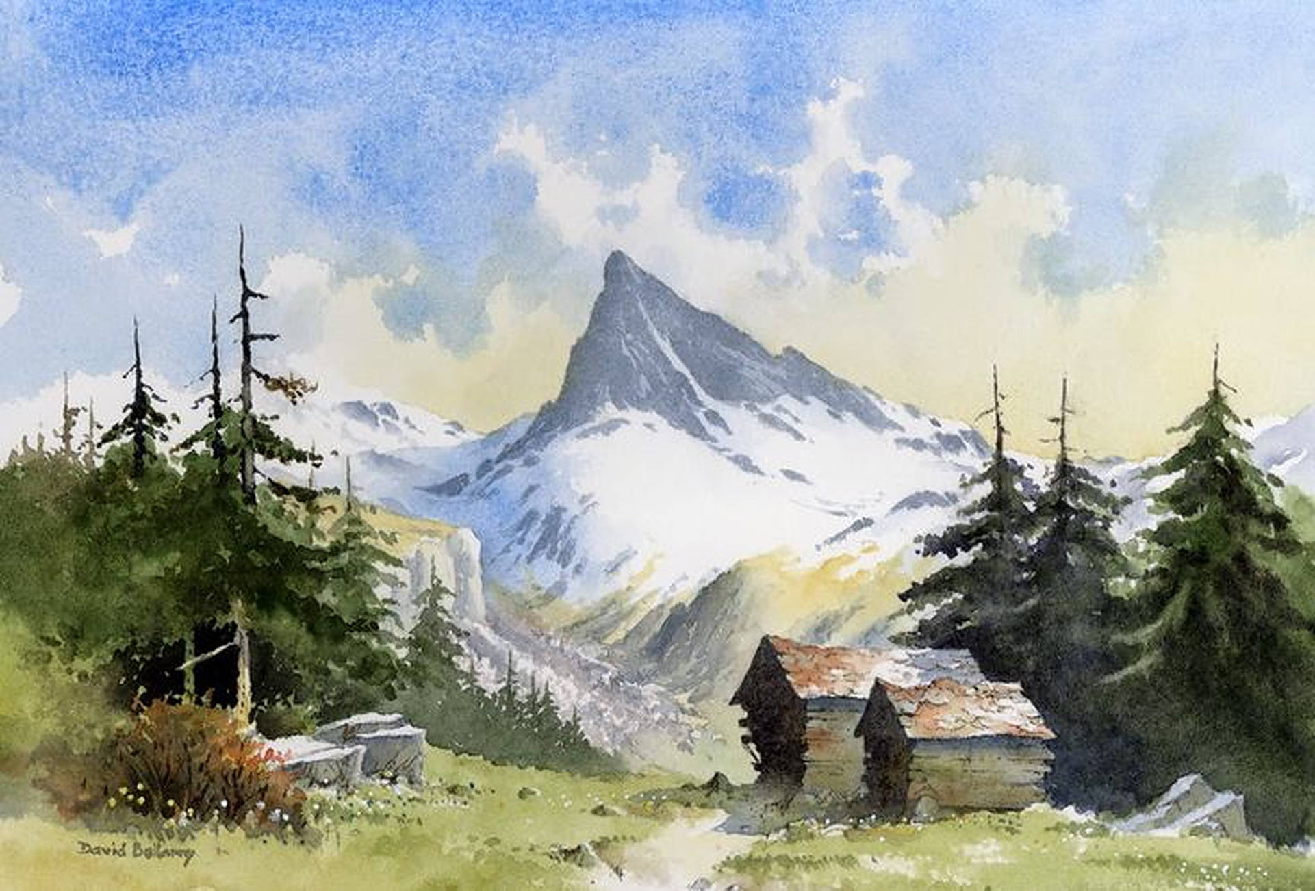 瑞士阿爾卑斯山松樹畫作 壁紙 — 一幅水彩畫，描繪了一間質樸的小屋坐落在草地上，周圍有高聳的雪山和常青樹，天空部分多雲。