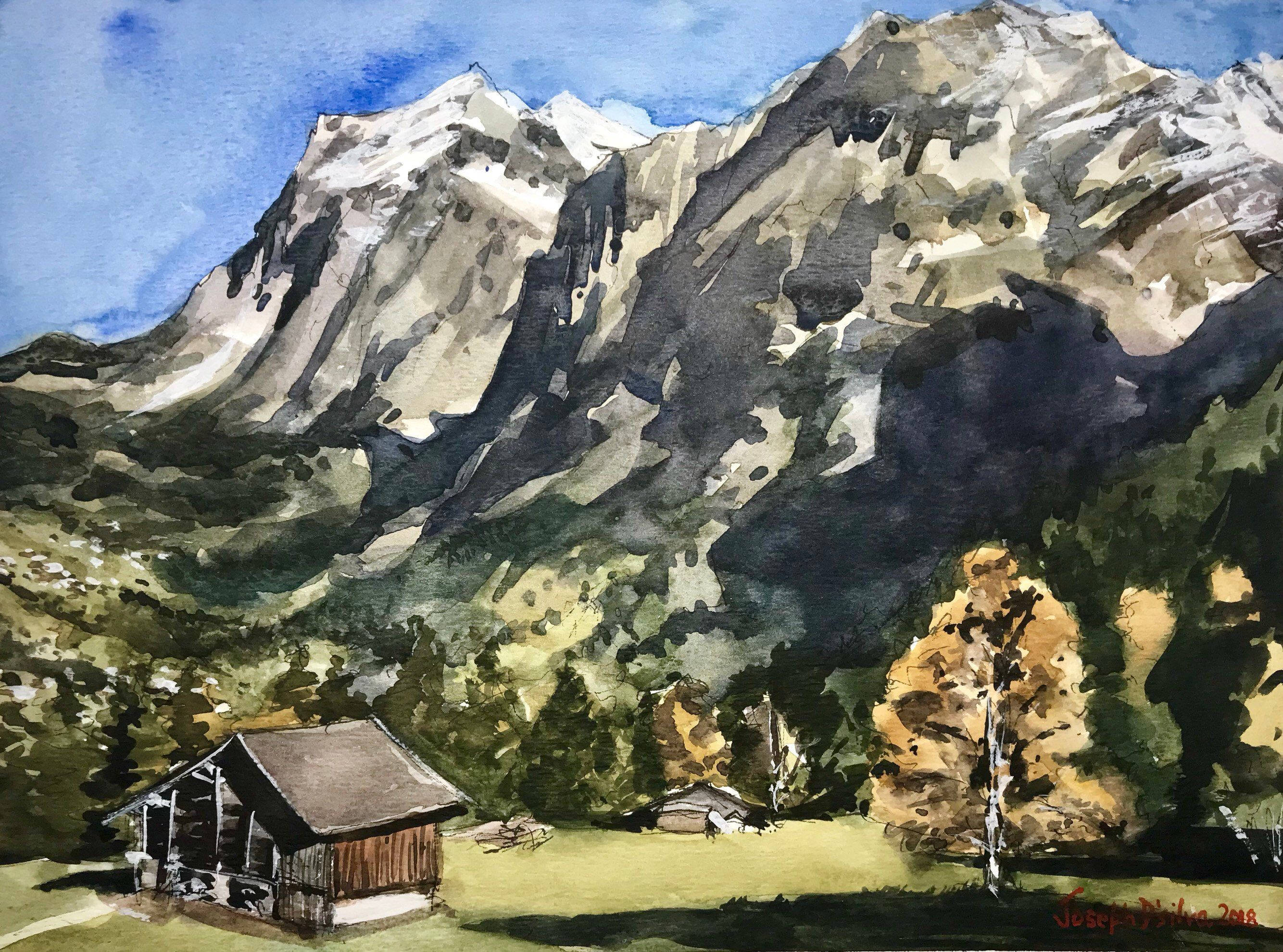 瑞士阿爾卑斯山油畫 壁紙 — 一幅水彩畫，描繪了一座質樸的木屋坐落在山谷中，下方是高聳的雪山，周圍有秋天的樹木。