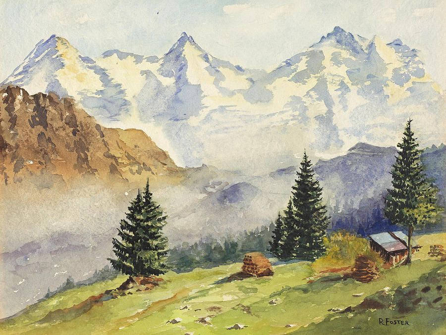 瑞士阿爾卑斯山畫作 壁紙 — 一幅水彩畫，描繪了白雪覆蓋的山峰、常綠樹木以及坐落在霧氣繚繞的山谷中的小屋。