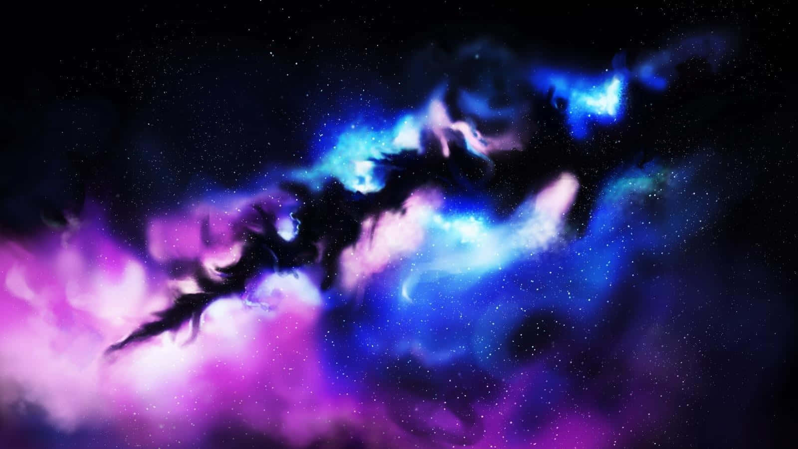 瑞士阿爾卑斯山的翠綠森林 壁紙 — 充滿活力的宇宙星雲在電光藍和紫色中旋轉，背景是佈滿星星的黑色虛空。