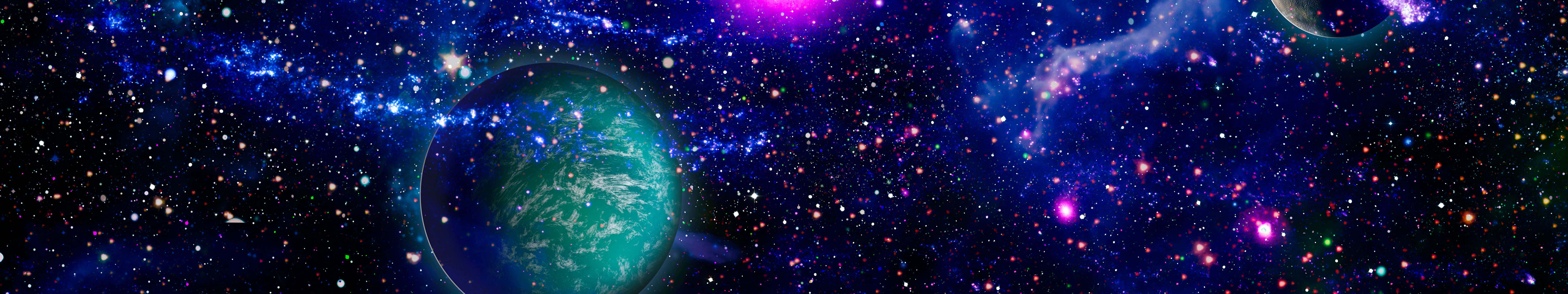 一顆發光的青綠色行星，被深空中色彩繽紛的星雲和星星環繞。
