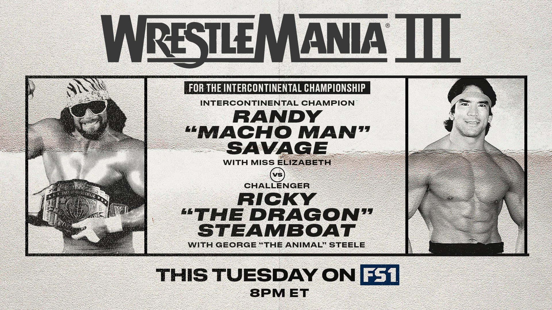 WrestleMania III摔角活動海報，Randy Savage和Ricky Steamboat對峙。