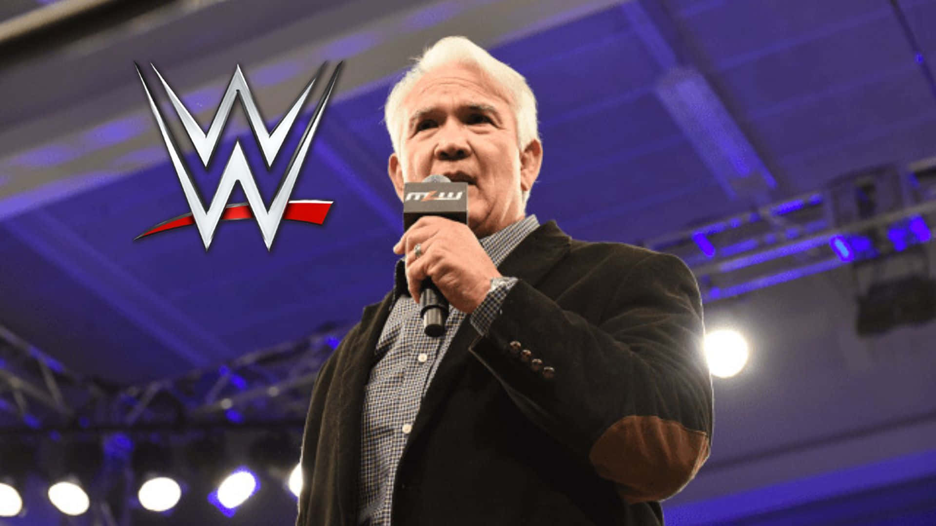 WWE高層在藍色燈光下於舞台上對著麥克風說話。