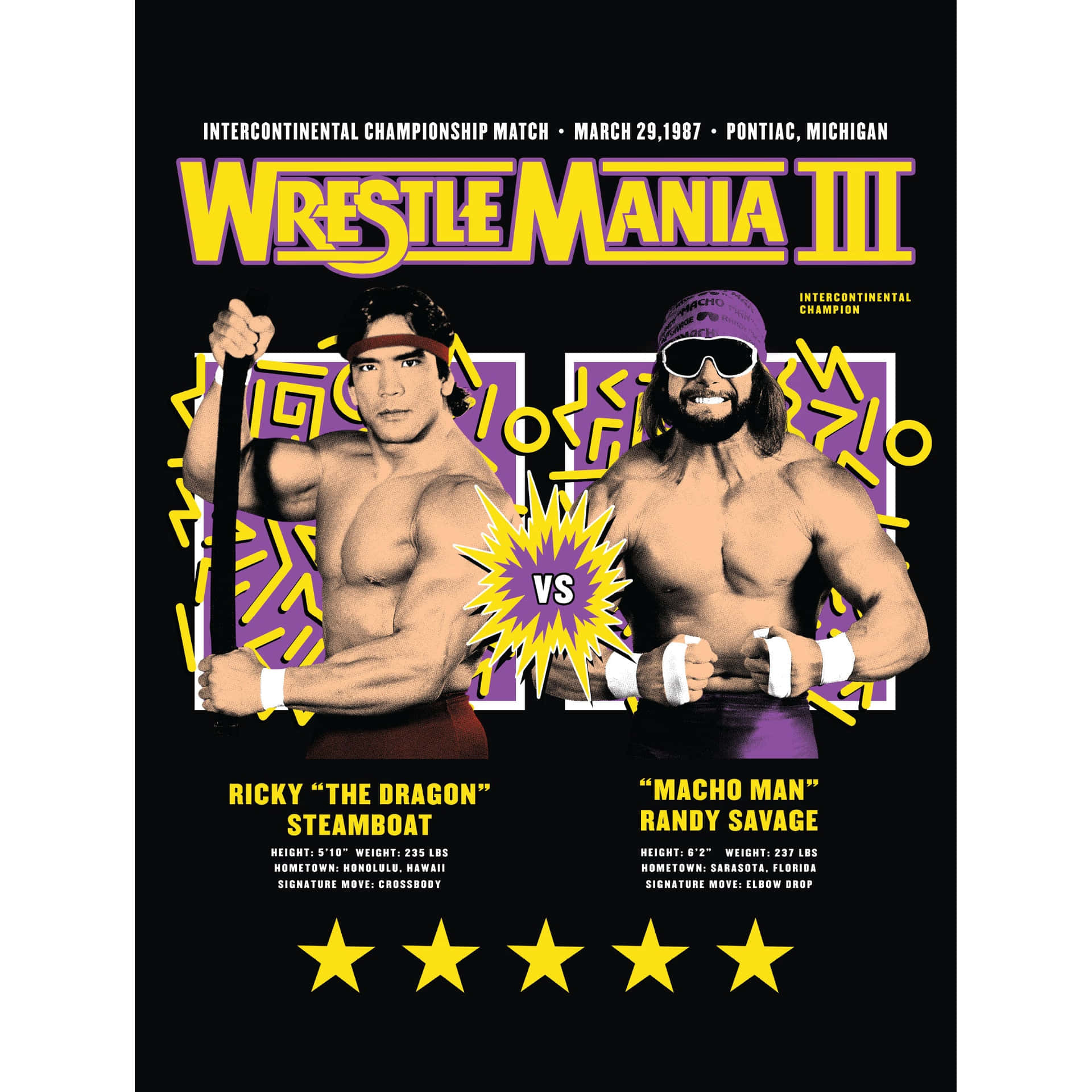 WrestleMania III海報，顯示Ricky Steamboat對戰Randy Savage，附有統計數據和星星。