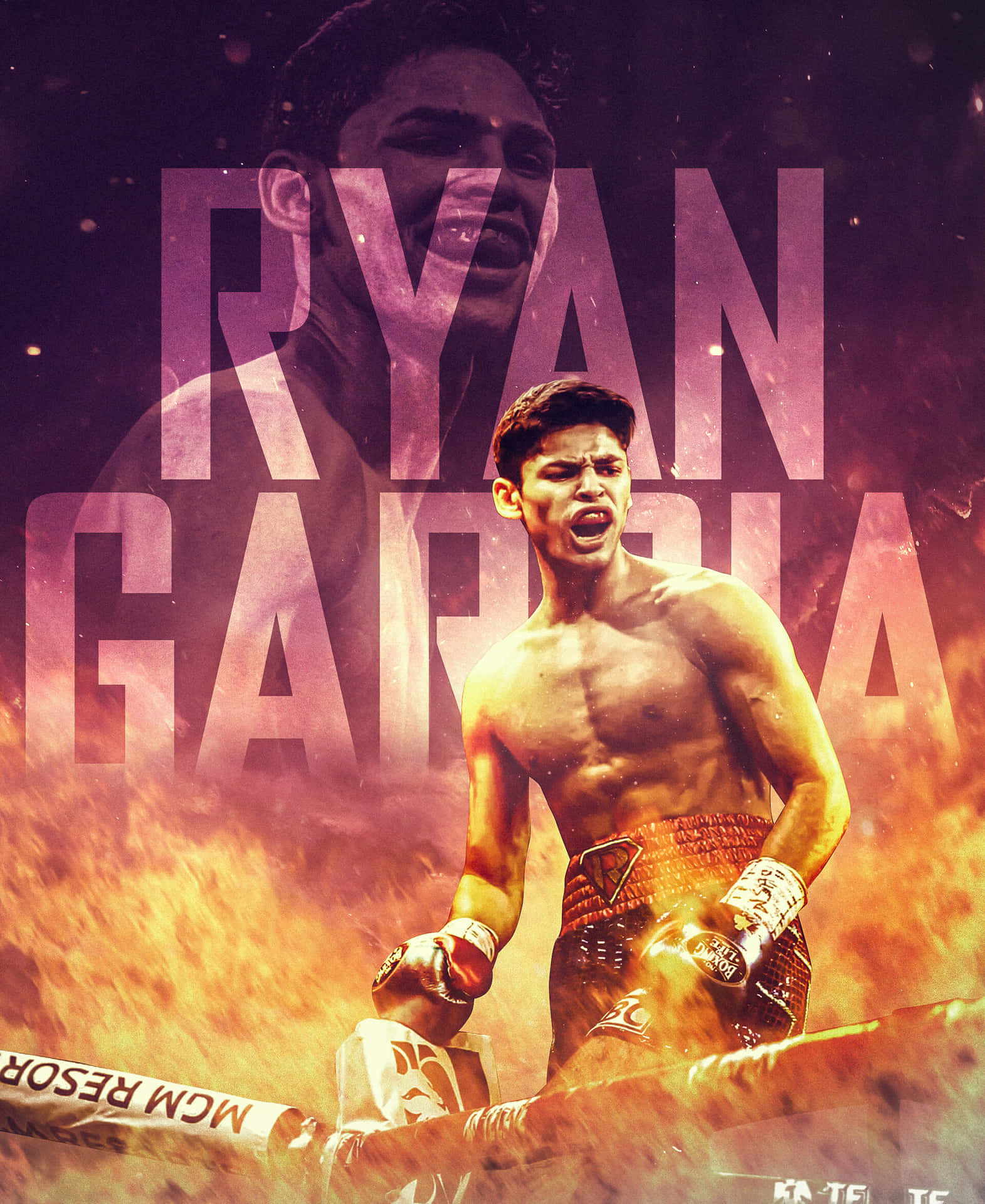 拳擊手 Ryan Garcia 在身後火焰和粗體文字的襯托下慶祝勝利。