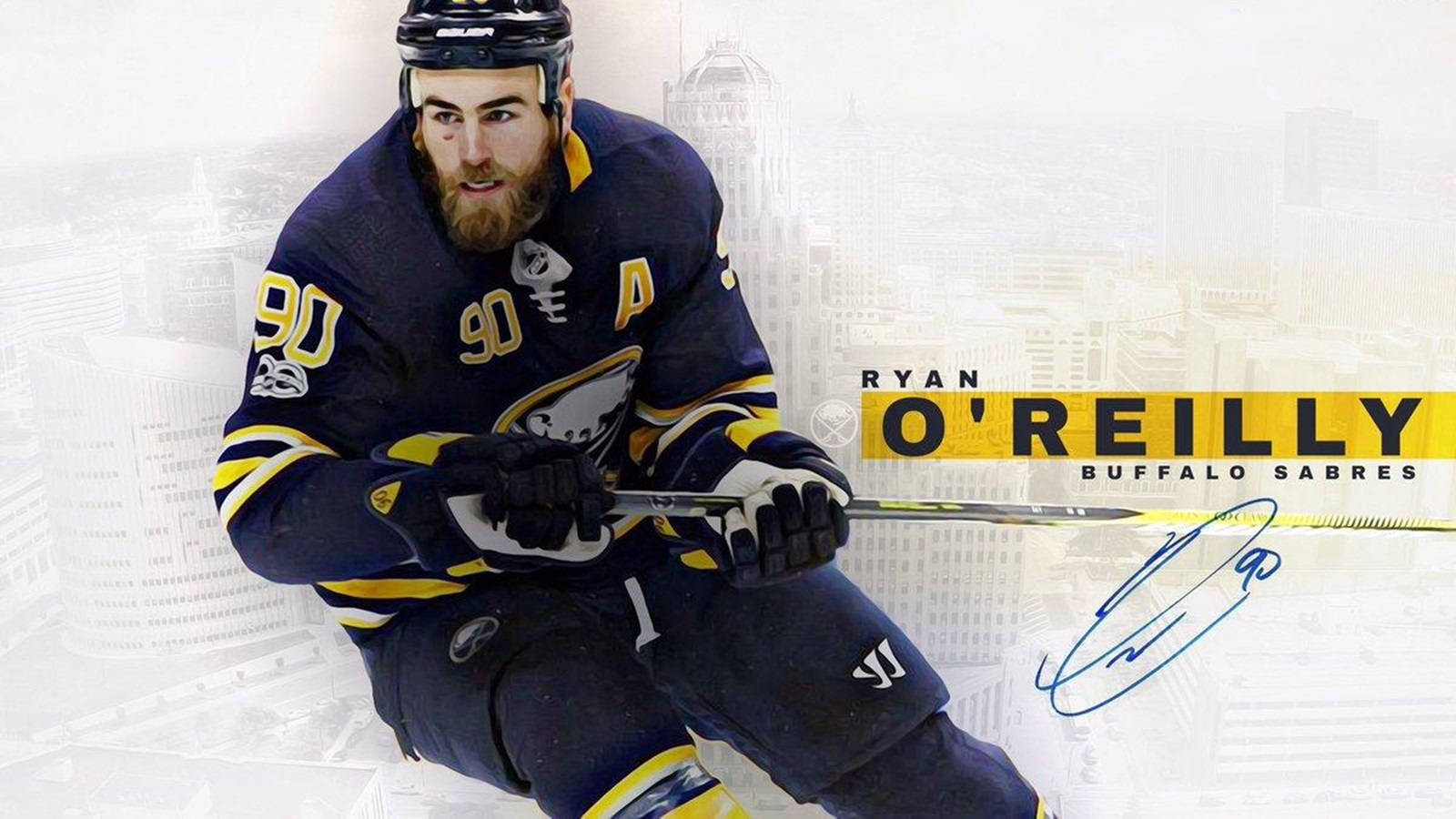 冰球運動員 Ryan O'Reilly 身穿水牛城軍刀隊制服，手持球棍站在城市背景前。