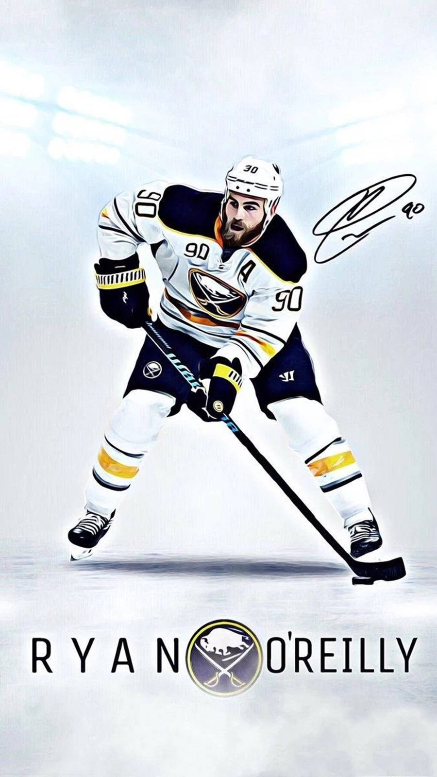 冰球運動員 Ryan O'Reilly 在冰上擺出動作姿勢，身穿水牛城軍刀隊制服，下方有簽名和名字。
