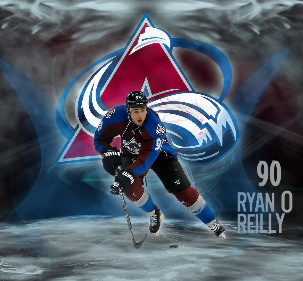冰球運動員 Ryan O'Reilly 溜冰，背後有科羅拉多雪崩隊標誌。