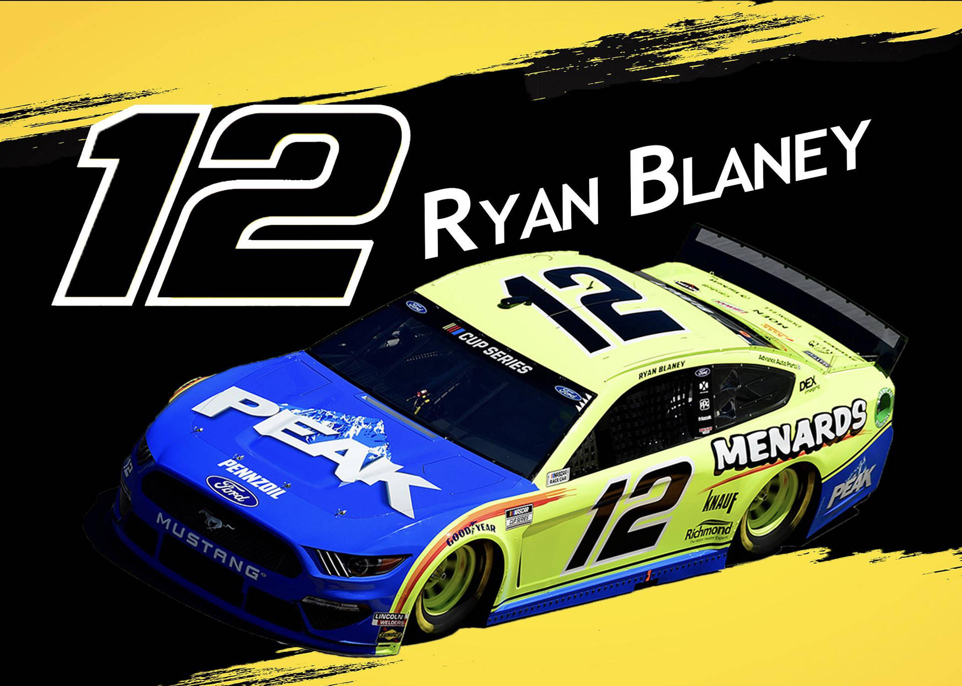Ryan Blaney的12號NASCAR Mustang賽車，帶有贊助商標誌。