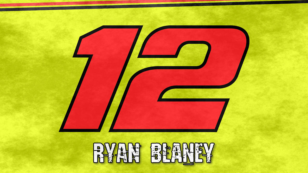 賽車號碼12，帶有Ryan Blaney名字，紋理黃色背景。