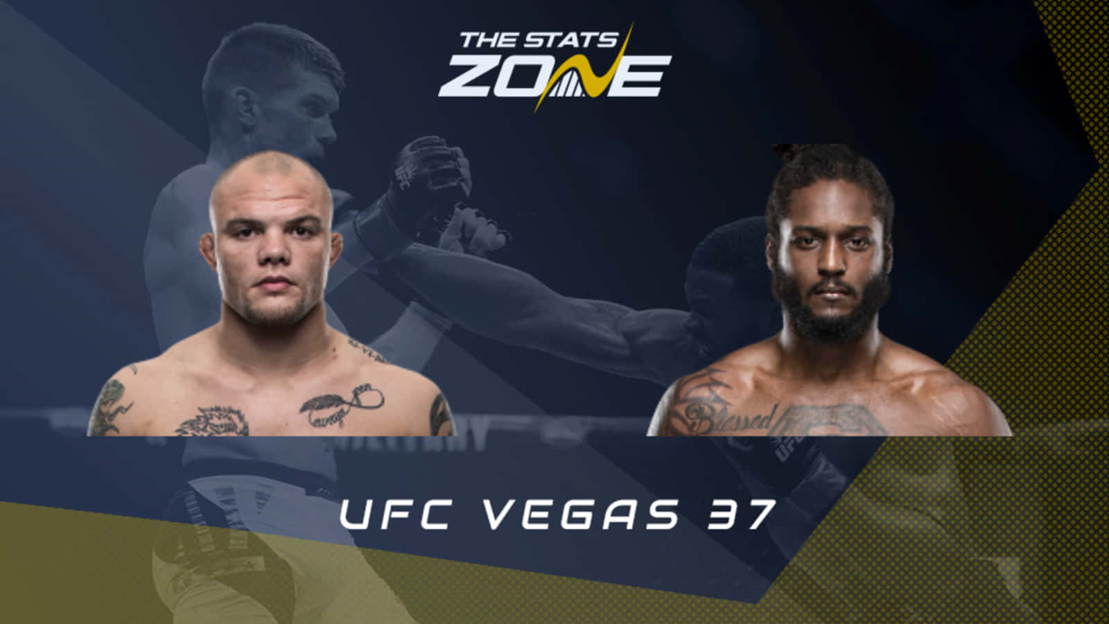 兩名帶有紋身的UFC拳手在UFC Vegas 37的宣傳圖形中向前凝視。