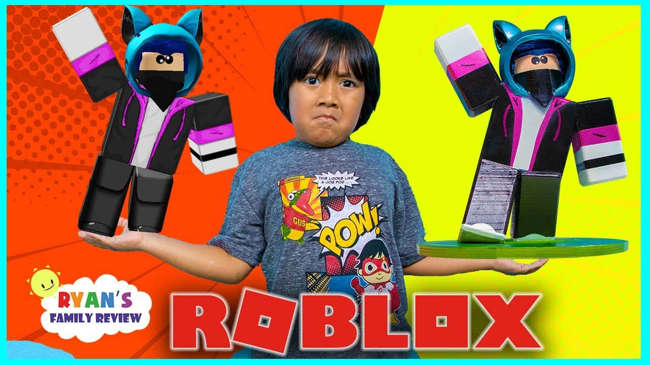 孩子拿著 Roblox 忍者動作公仔，背景為漫畫風格。