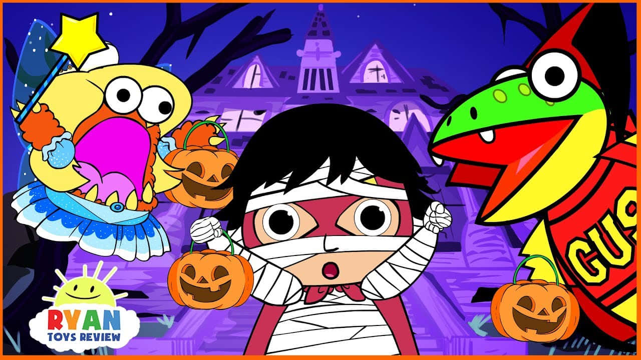 穿著萬聖節服裝的小孩在鬼屋前拿著南瓜。