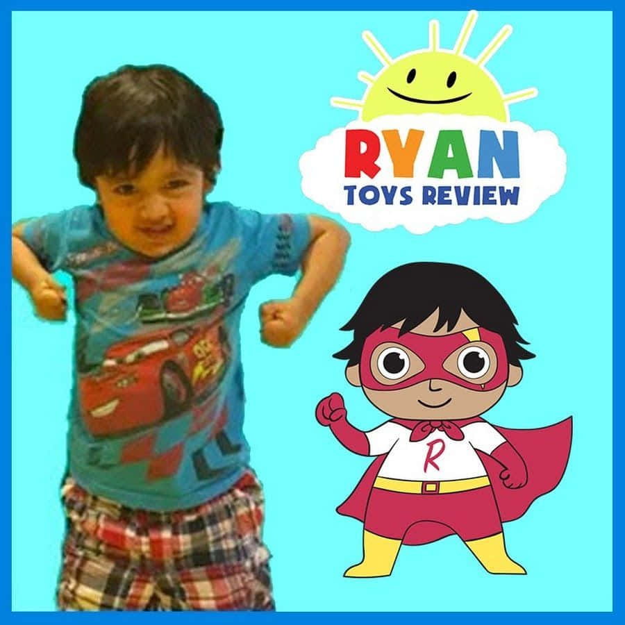一個穿著閃電麥坤襯衫的小男孩站在卡通超級英雄Ryan旁邊。