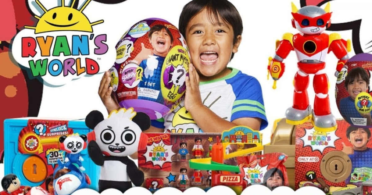 興奮的孩子被Ryan's World玩具和商品包圍。