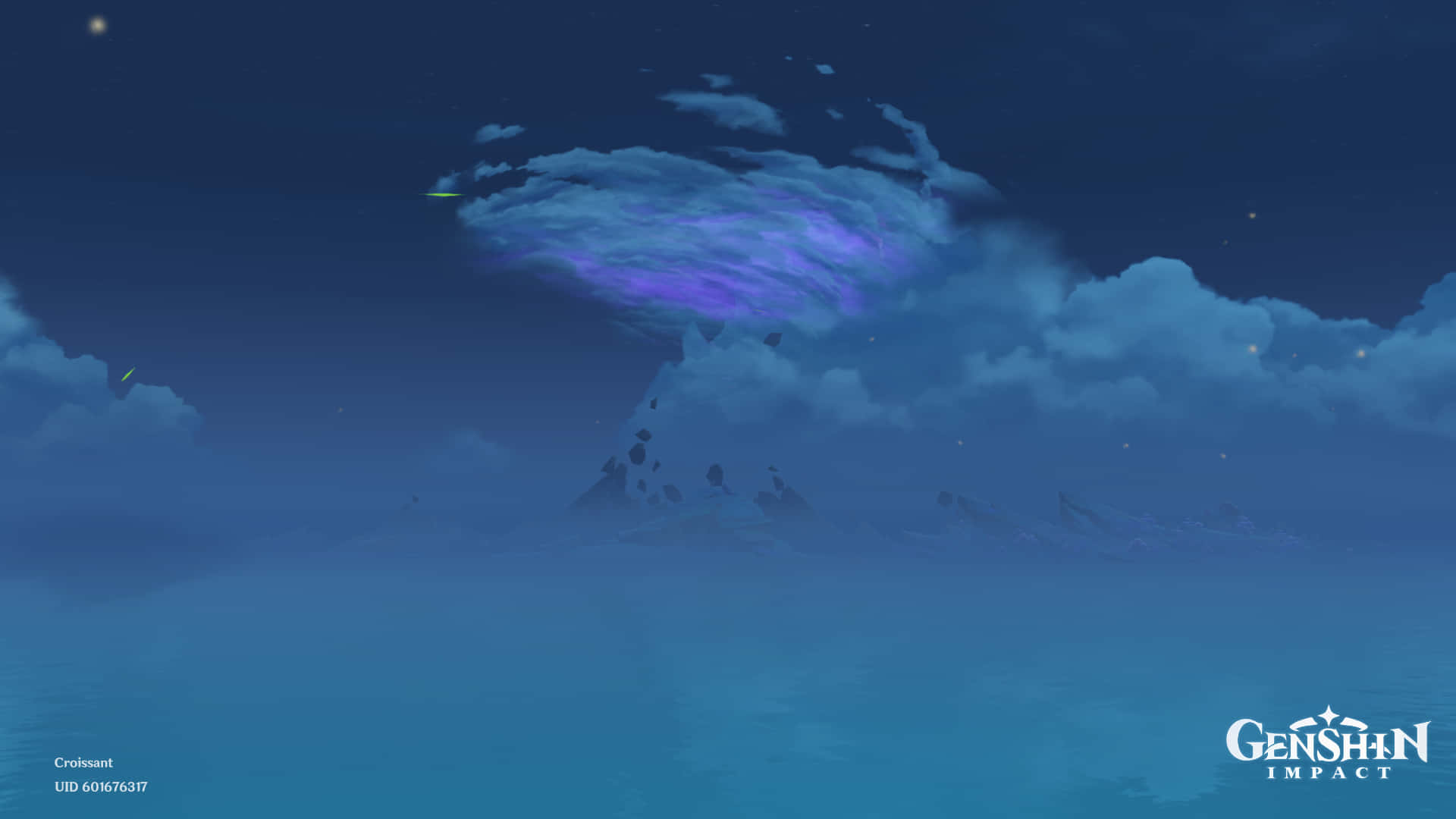 神秘的山峰，發光的紫色雲彩，漂浮的燈籠，平靜的大海，夜晚。