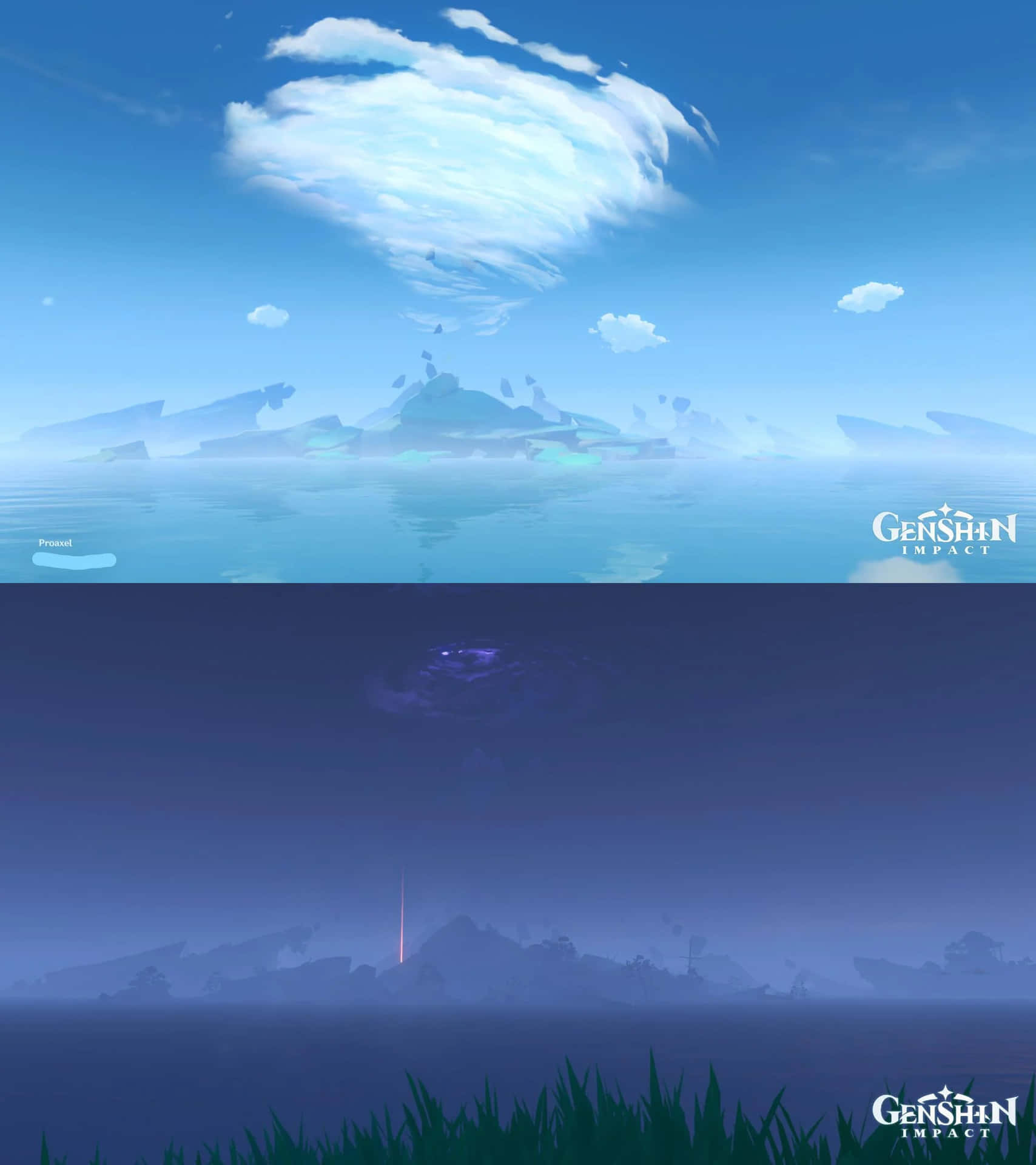 旋轉雲朵下的霧氣山巒和寧靜水面，倒映在深紫色的暮色場景中，帶有發光的草地。