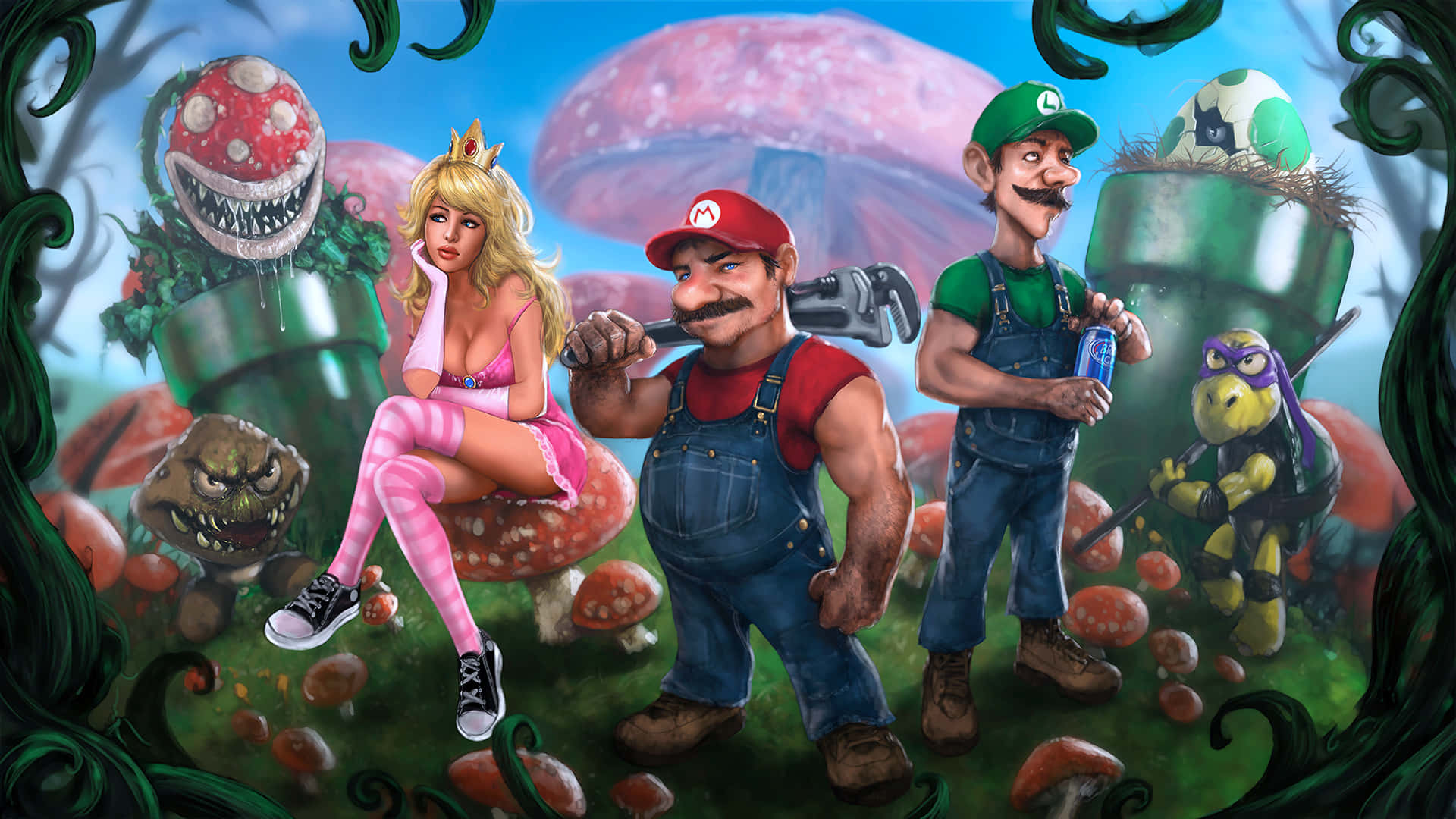 piranha plant 桌布 壁紙 — 瑪利奧、路易吉和碧姬與忍者龜在一個奇特的蘑菇森林中擺姿勢，周圍有巨大的肉食植物。