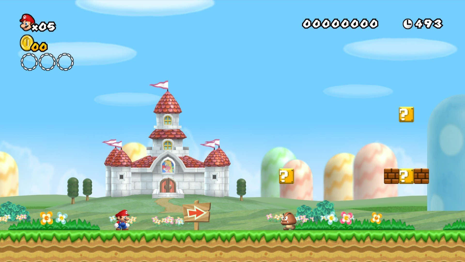 Mushroom Kingdom 桌布 壁紙 — 瑪利奧喺明亮嘅藍天下，穿過草地跑向一個有紅色屋頂同問號方塊嘅城堡。