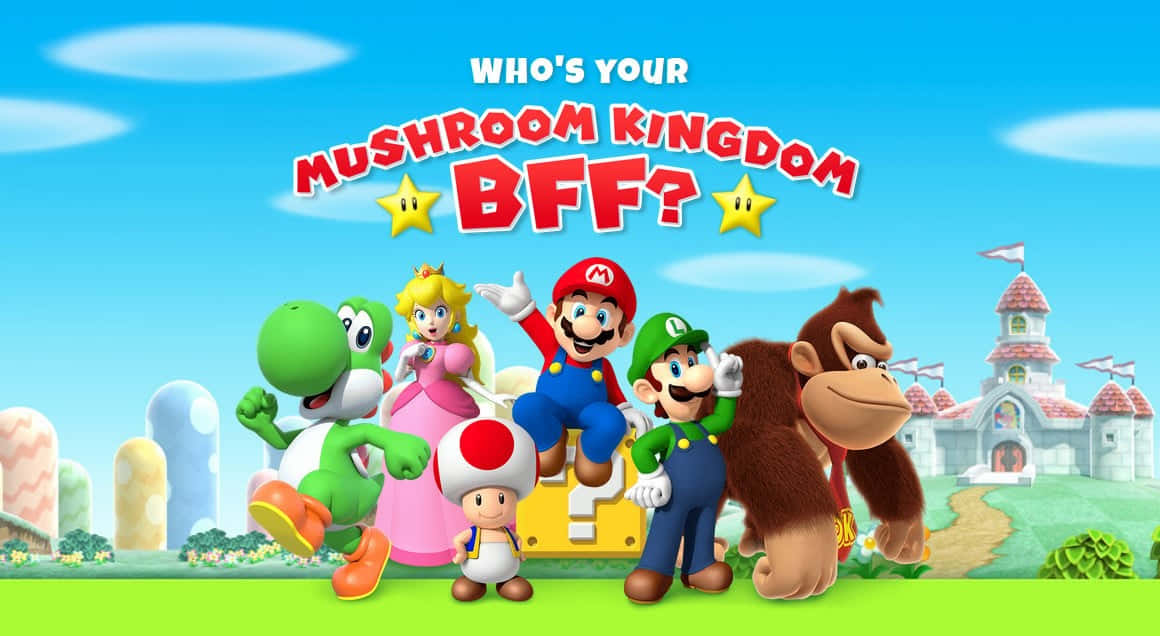Mushroom Kingdom 桌布 壁紙 — 瑪利歐、路易吉、耀西、碧姬公主、奇諾比奧和咚奇剛在晴朗的藍天下，於城堡前愉快地擺姿勢。
