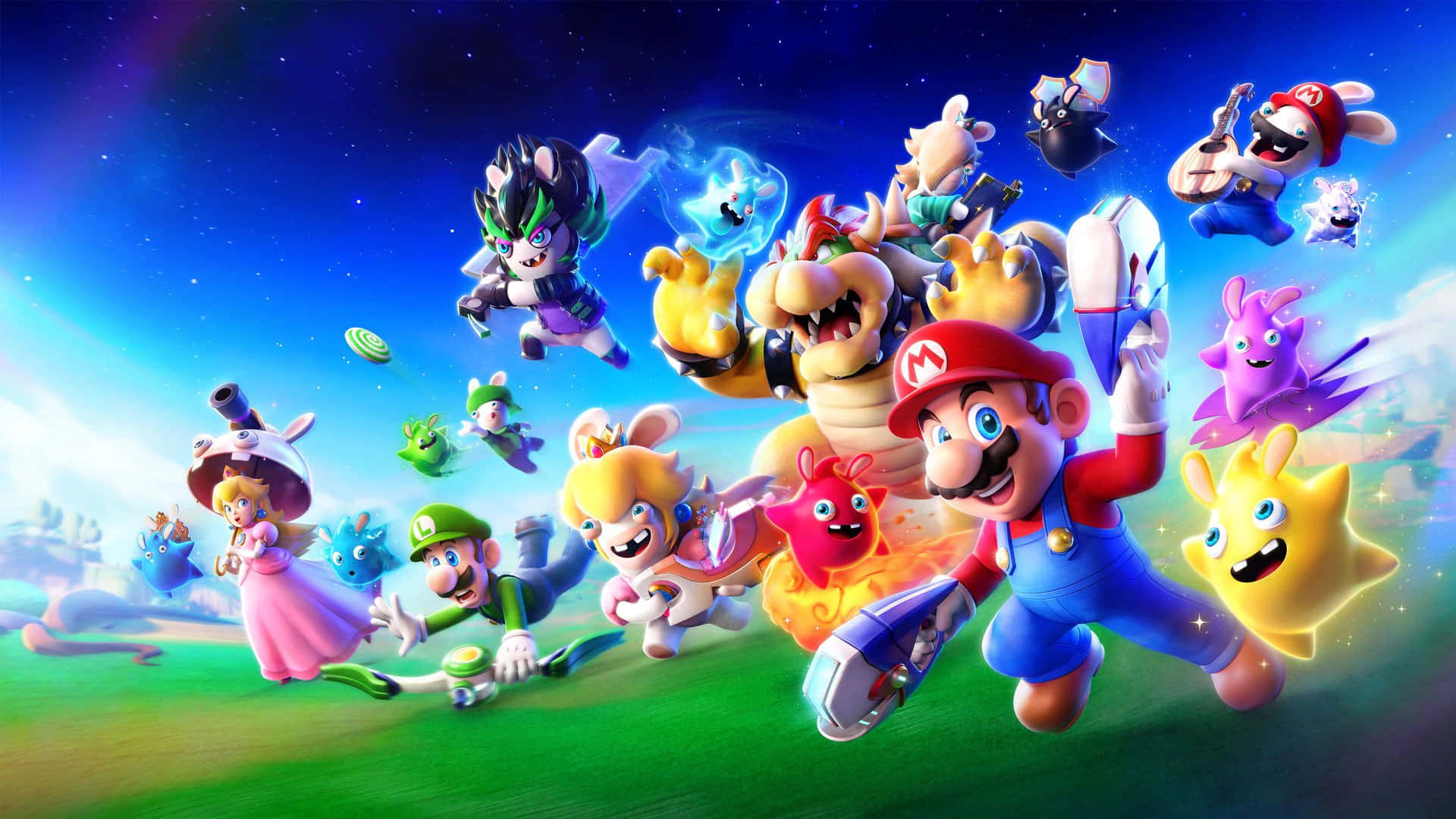 game 桌布 壁紙 — 瑪利歐和朋友們在充滿活力的星空下，飛越一片翠綠的田野，構成一個動態的遊戲場景。