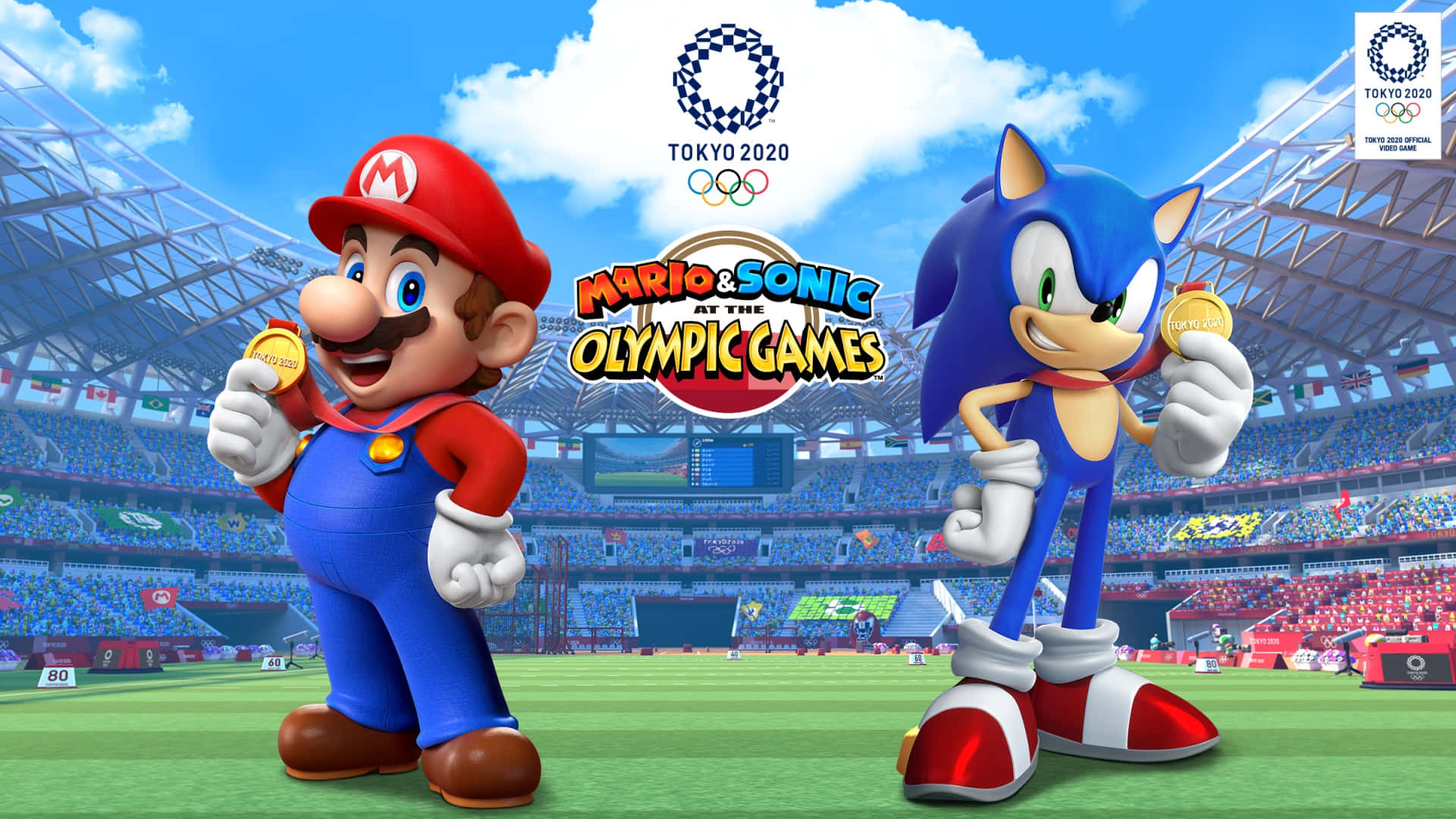 Winter Games 桌布 壁紙 — 瑪利歐和索尼克在擠滿觀眾的奧林匹克體育場中，手持金牌，在明亮的藍天下勝利地站立。