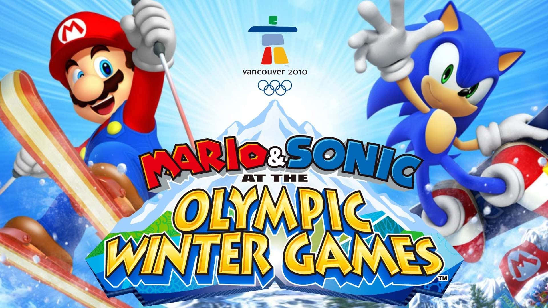 Winter Games 桌布 壁紙 — 瑪利歐和索尼克在溫哥華2010年冬季奧運會的鮮明電子遊戲宣傳海報中，從白雪皚皚的山上滑雪和玩滑雪板。