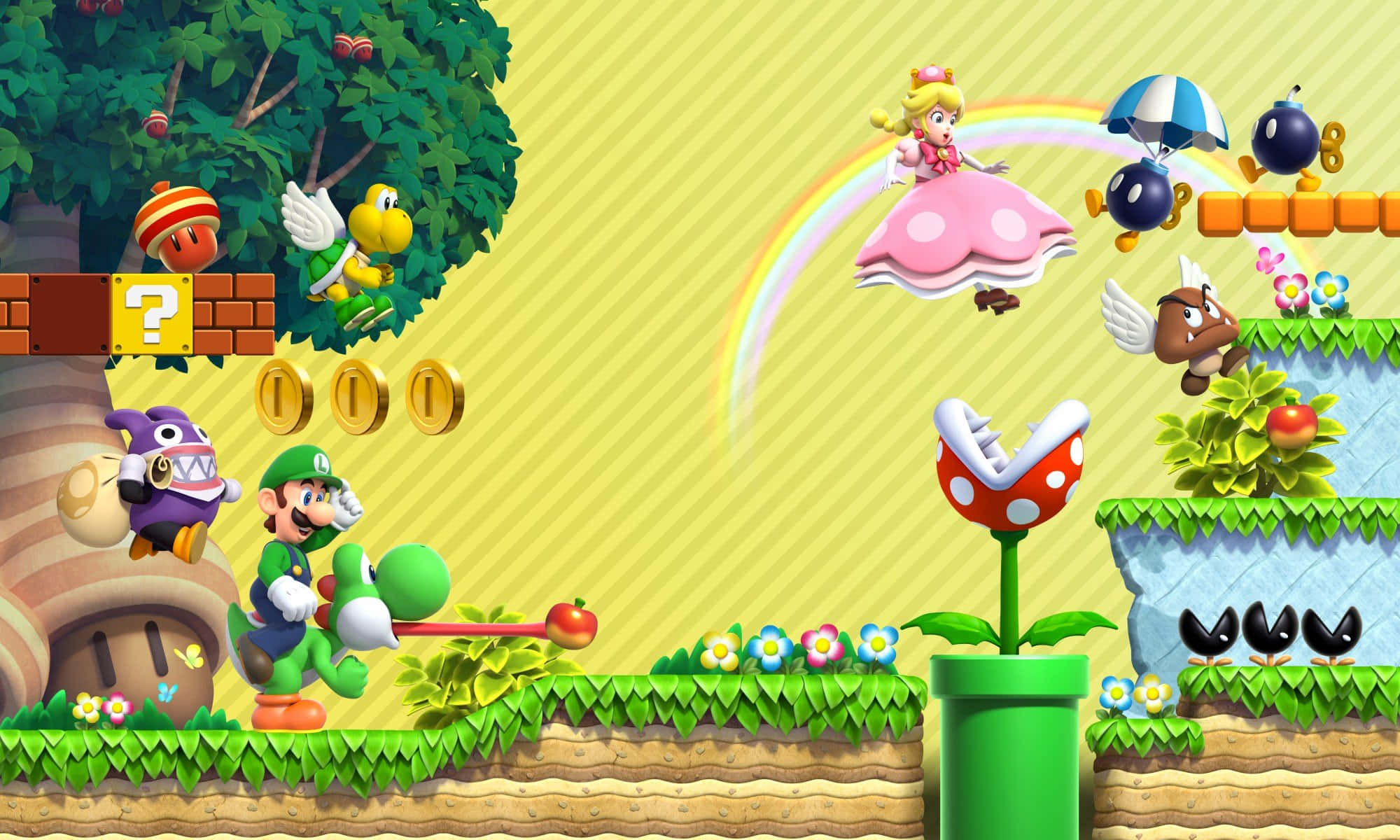 Mushroom Kingdom 桌布 壁紙 — 瑪利歐和耀西在充滿活力的2D平台關卡中跳躍，碧姬公主在彩虹上飛翔，周圍有栗寶寶和食人花。