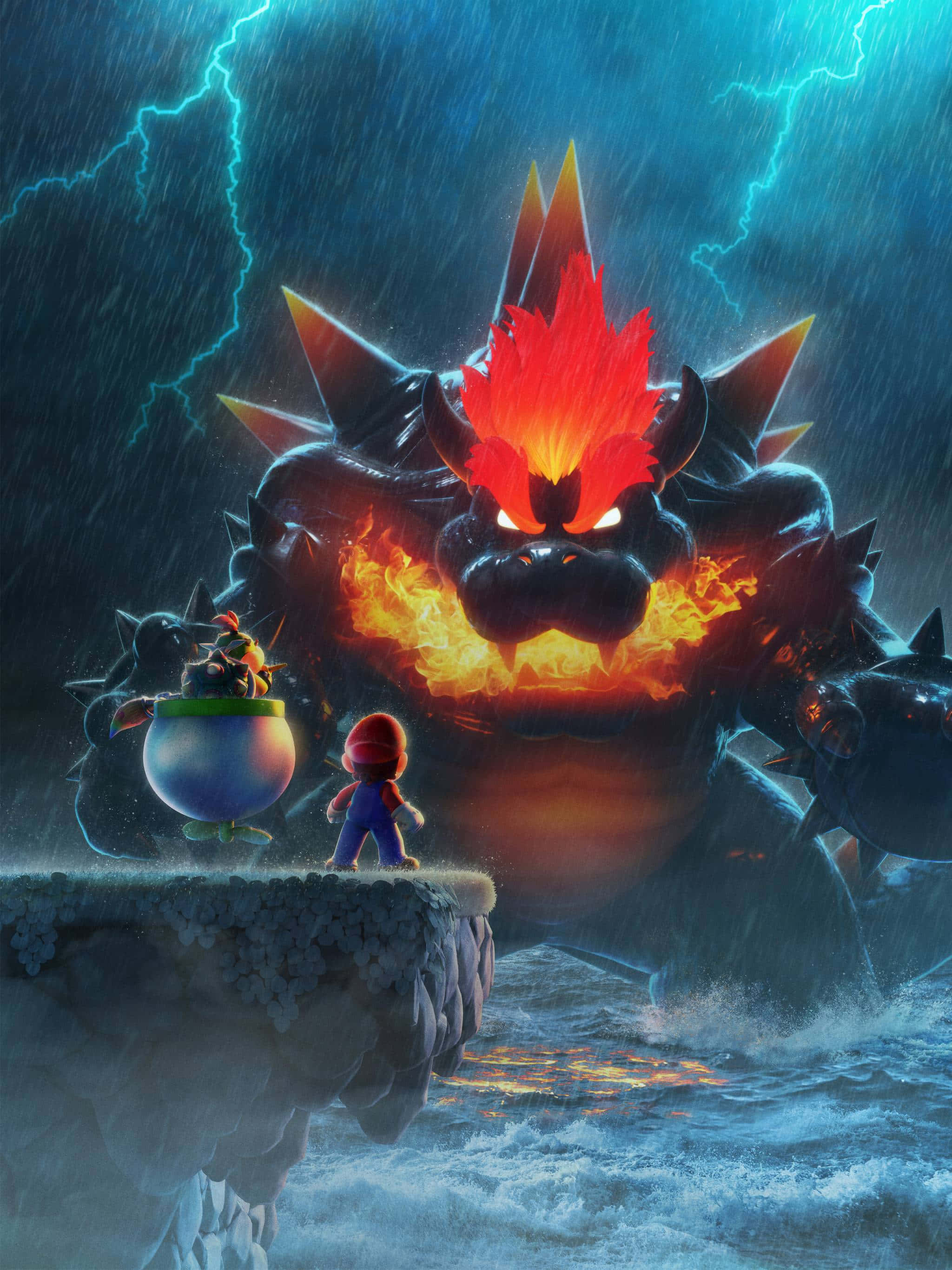 bowser 桌布 壁紙 — 瑪利歐和路易吉在雷電交加、波濤洶湧的暴風雨天空下，面對巨大的火焰庫巴。