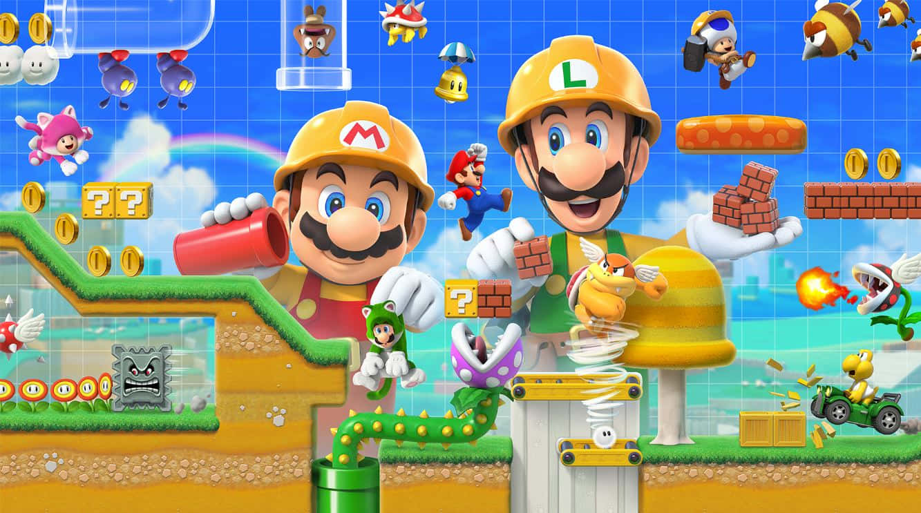 Cartoon Games 桌布 壁紙 — 瑪利歐和路易吉穿著建築裝備，建造一個充滿敵人、金幣和能量道具飛舞的活力超級瑪利歐關卡。